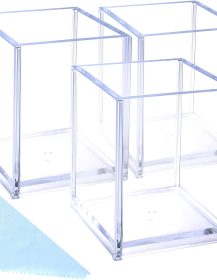 Acrylic Pen Holder, 3 Pcs Clear Pencil Holders for Desk, Makeup Brush Holder Cup Organizer, Stationery Storage Desktop Accessories for Office School Supplies (with Cleaning Cloth)