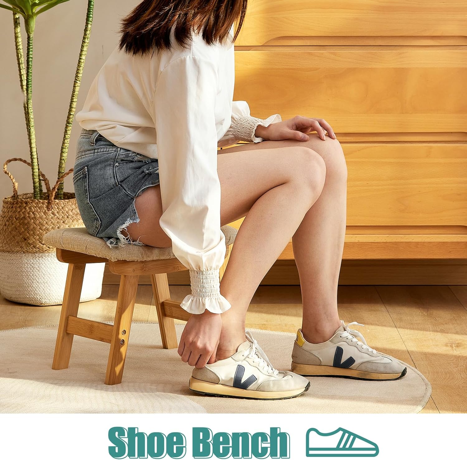 Foot Stools Ottoman, Small Soft Footrest Ottoman with Wood Legs, Sofa Footrest Extra Seating for Living Room Entryway Office - Image 2